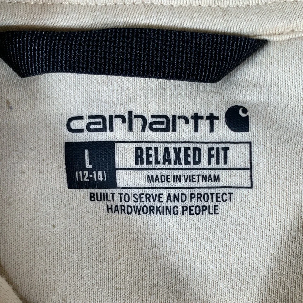 Carhartt Hoodie Boys Lg (12–14) Beige Relaxed Fit Sweatshirt Spellout Logo Baggy